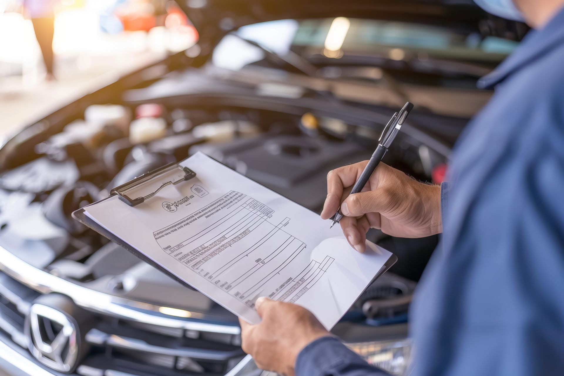 Mains remplissant un formulaire au premier plan et capot de voiture ouvert au second plan