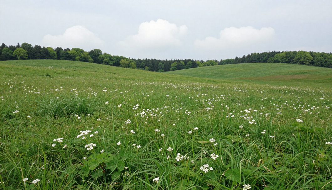 Amplia pradera verde con flores silvestres blancas bajo un cielo nublado, bordeada de árboles en la distancia.