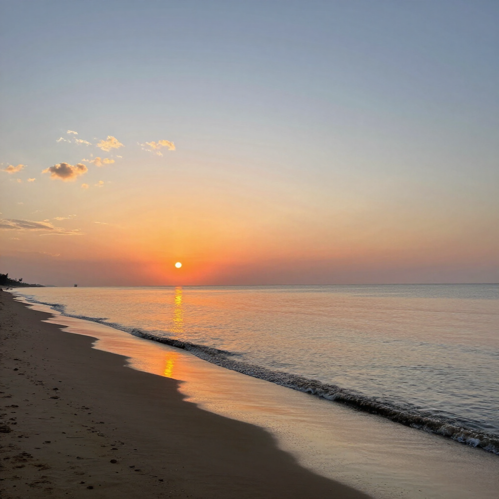 Puesta de sol sobre una playa tranquila, con reflejos anaranjados en el agua y algunas nubes en el cielo.