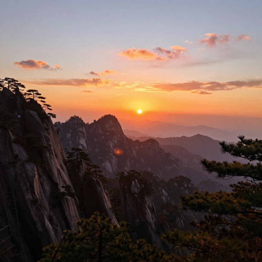 Puesta de sol sobre picos montañosos escarpados con nubes anaranjadas y siluetas de pinos.