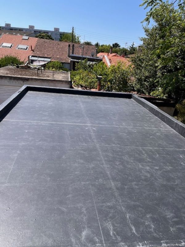 Toit plat noir avec des maisons voisines aux tuiles rouges et des arbres sous un ciel bleu clair
