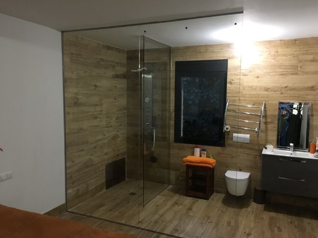 Un baño con ducha a ras de suelo y un inodoro.