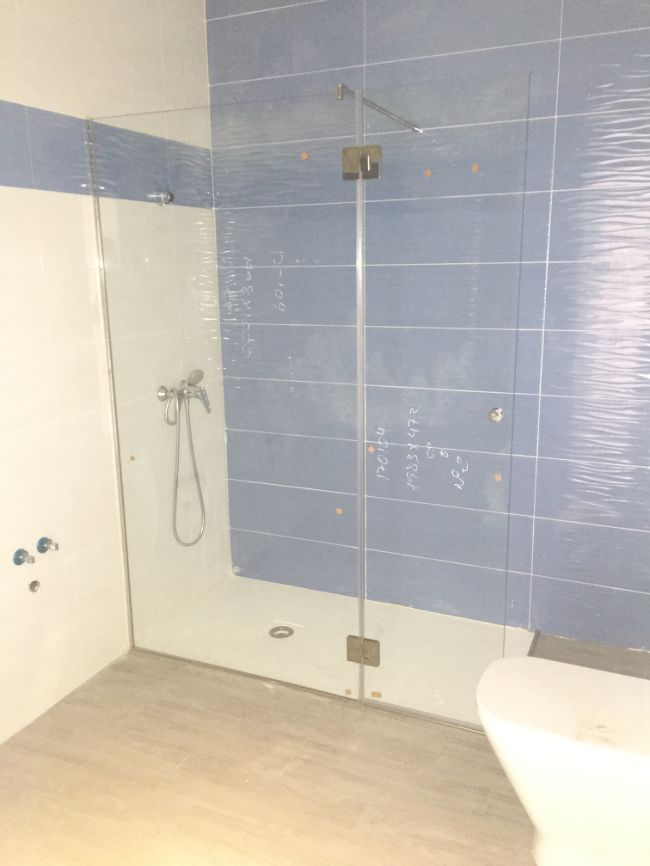 Un baño con ducha a ras de suelo y un inodoro.