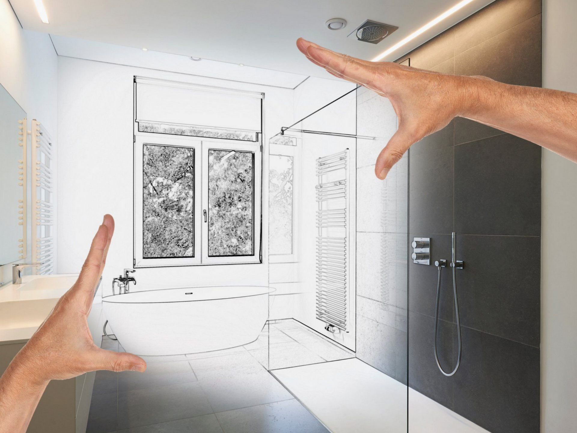 Mains encadrant une salle de bains moderne avec une douche en verre, une fenêtre et un sol en carrelage foncé.