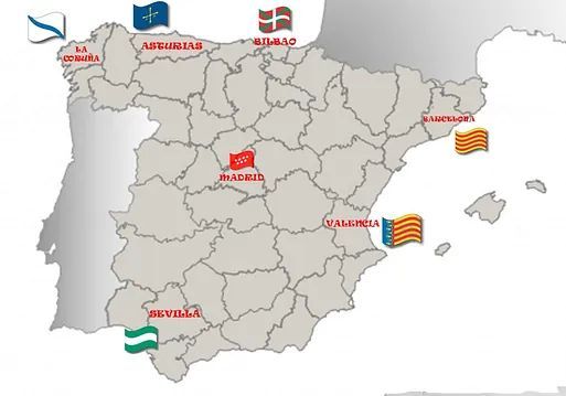 Un mapa de España con banderas.