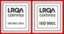 Dos logotipos certificados por lrqa sobre un fondo rojo.