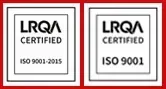 Dos logotipos certificados por lrqa sobre un fondo rojo.
