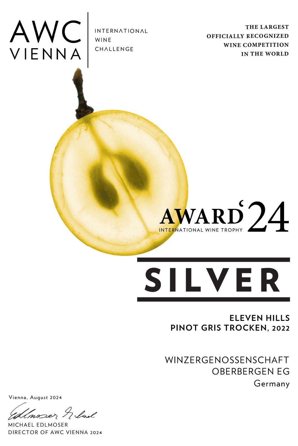 A certificate for the awc vienna award 24 silver