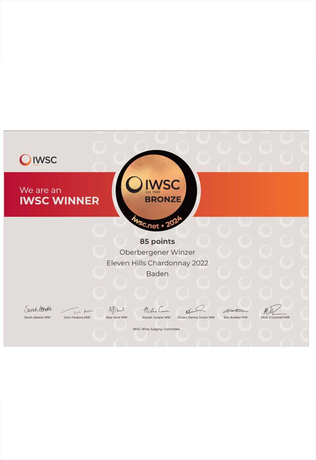 A certificate that says iwsc bronze winner on it.