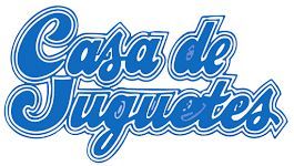 Logotipo de Casa de Juguetes en letra azul con contorno blanco.