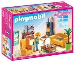Caja del set de juguetes Casa de Muñecas Playmobil con una escena de sala de estar en un empaque rosa.