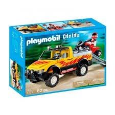 Caja del set de juguete Playmobil City Life con camioneta amarilla y escena de coche de carreras.