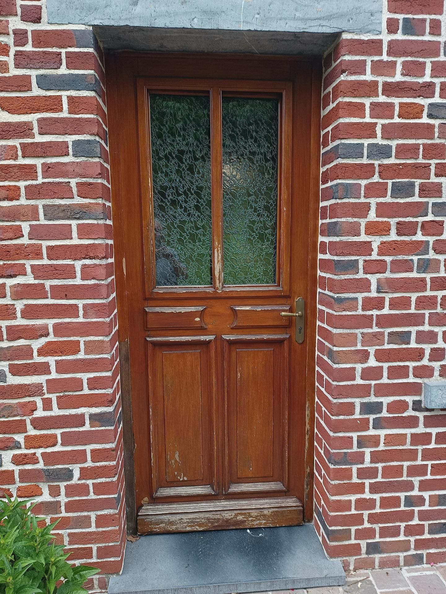 Porte vitrée marron avant travaux de peinture et remplacement de vitrage