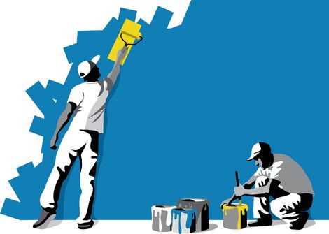 Peintres avec rouleau et peintures pour peindre un mur