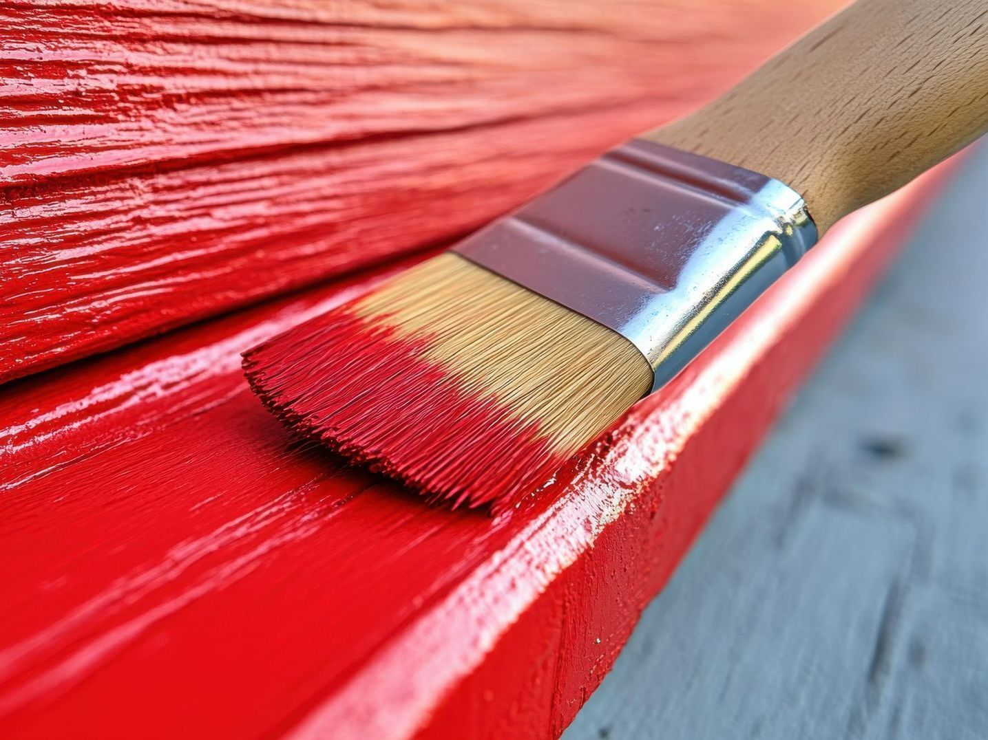 Pinceau et peinture rouge sur un meuble