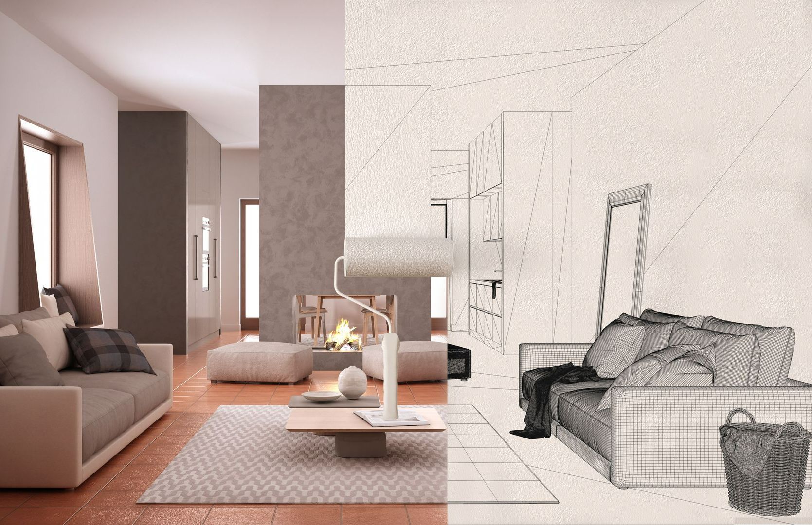 Salon avec rouleau de peinture avec avant après travaux