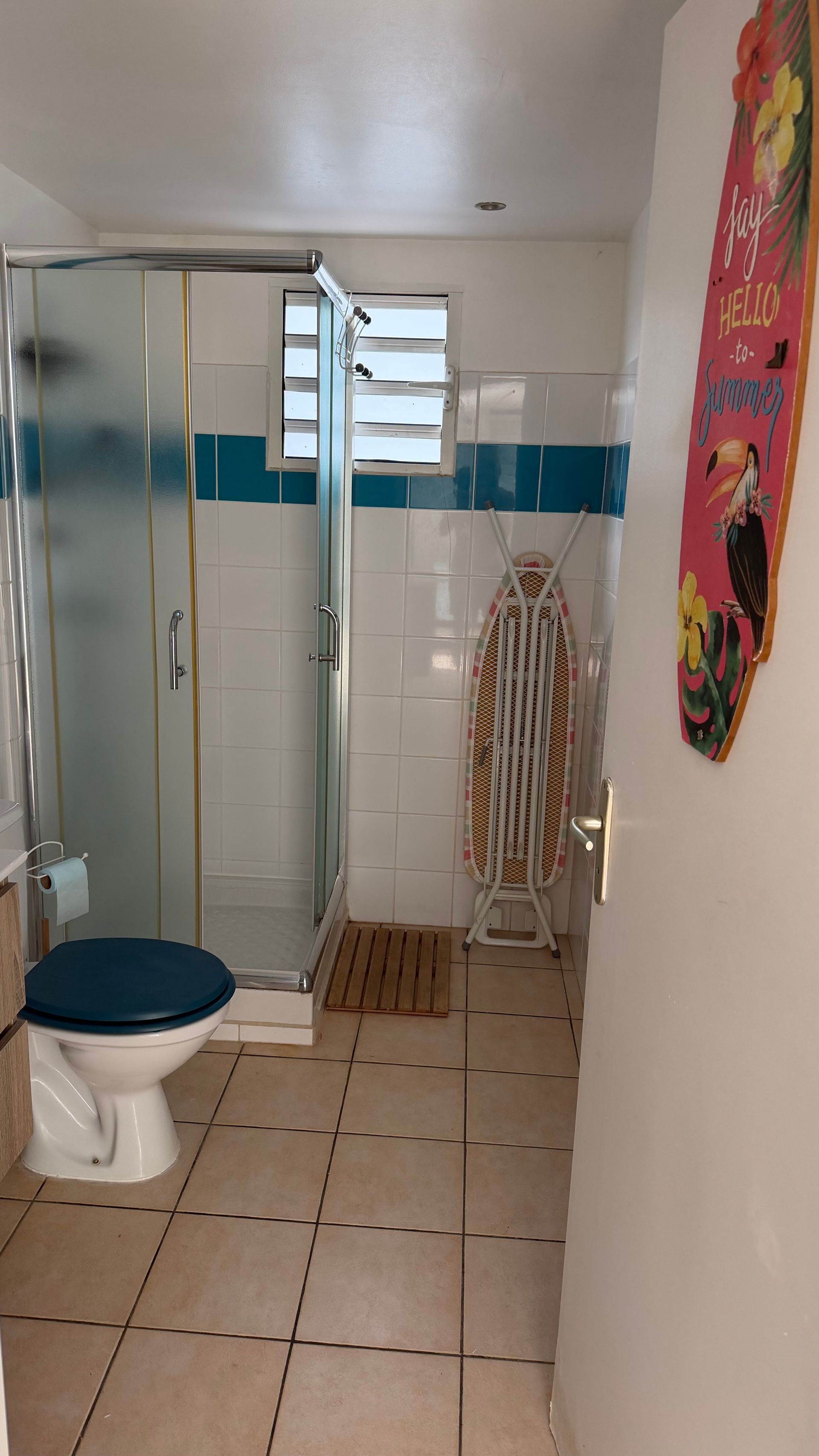 Petite salle de bains avec douche, toilettes, sol carrelé, frise murale bleue et tenture murale colorée.