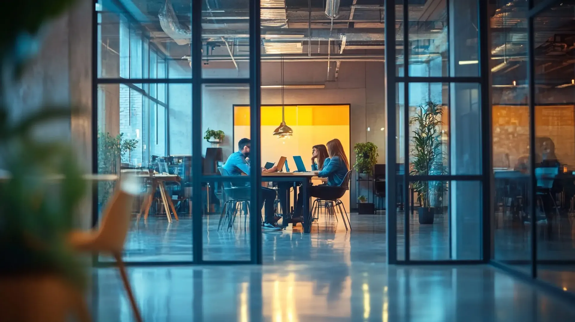 Tres personas trabajan en colaboración sentadas a una mesa en una oficina