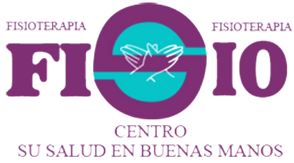Logo of Fisioterapia FIOO, purple and turquoise, with the slogan &ldquo;Centro su salud en buenas manos.&rdquo;