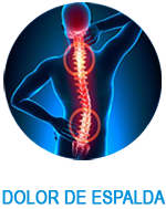 Ilustración de una columna vertebral brillante y dolor de espalda, con el texto “DOLOR DE ESPALDA” debajo.