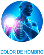 Ilustración médica de hombro dolorido en un cuerpo humano azul con zona resaltada en rosa; texto “DOLOR DE HOMBRO”