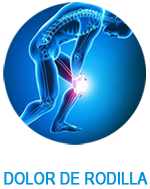 Ilustración médica azul de una persona agarrándose la rodilla dolorida con el texto “DOLOR DE RODILLA” debajo.