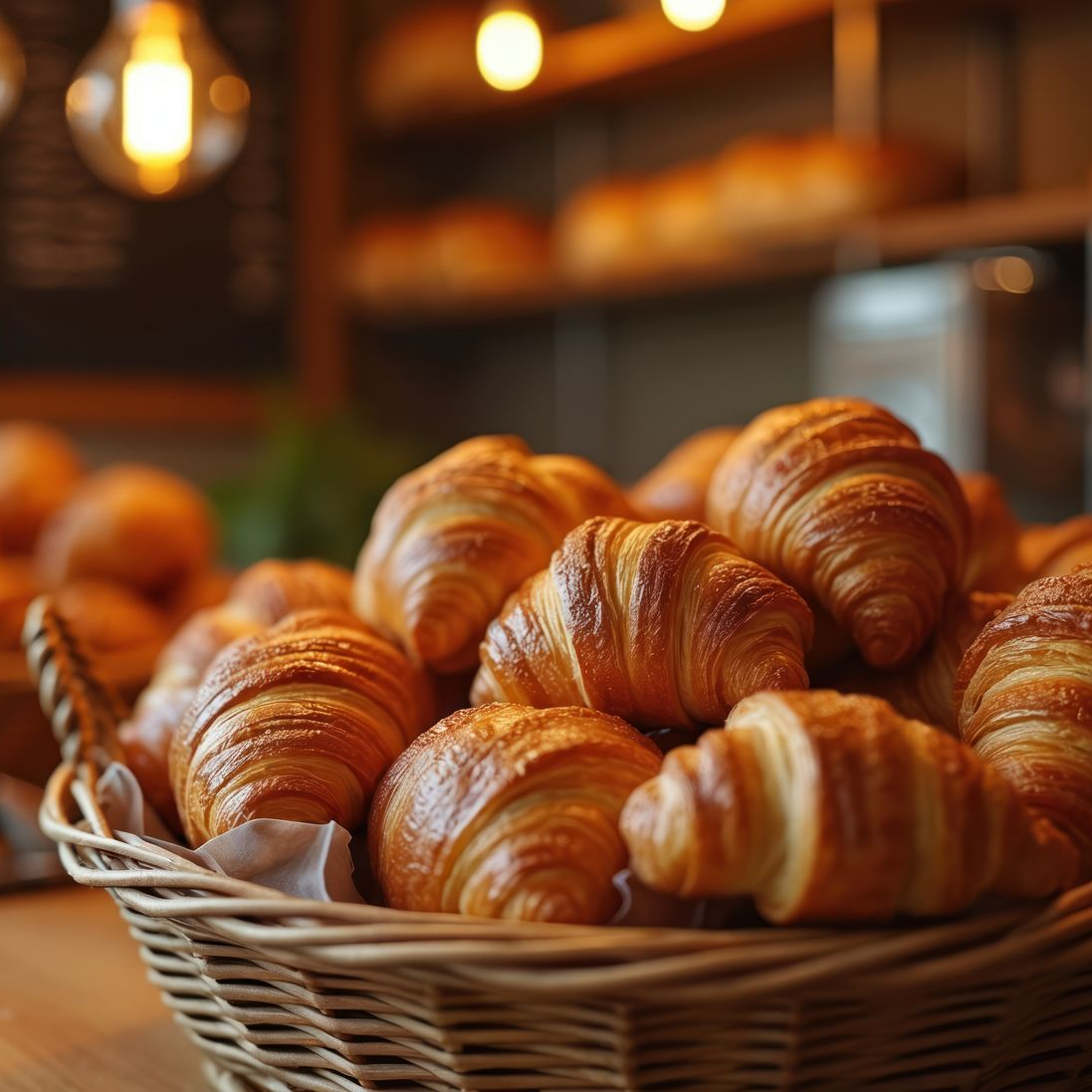 Panier de croissants dorés sur une table dans une boulangerie chaleureuse à l’éclairage tamisé