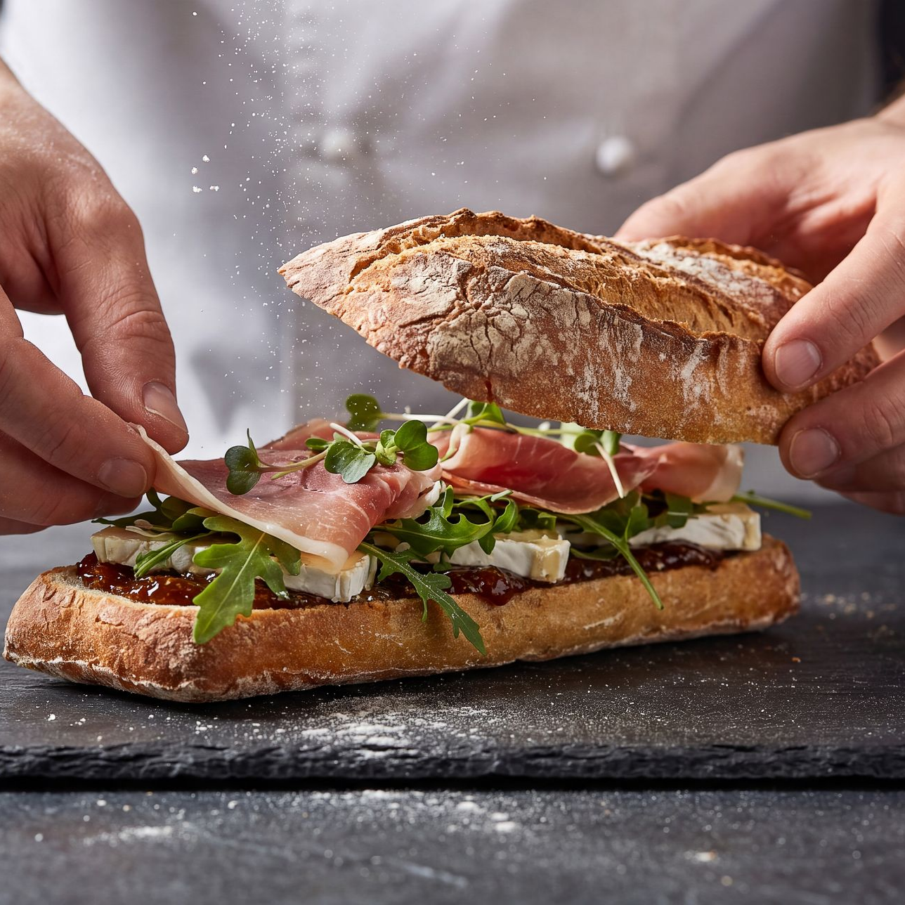 Des mains préparent un sandwich rustique au prosciutto et aux légumes verts sur un plan de travail