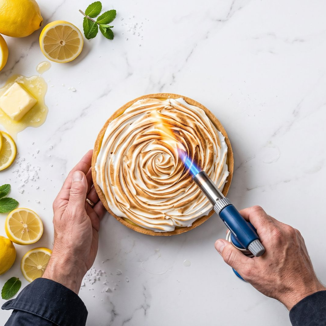 Des mains caramélisant une tarte meringuée au chalumeau sur un plan de travail blanc, avec des tranches de citron et du beurre à proximité