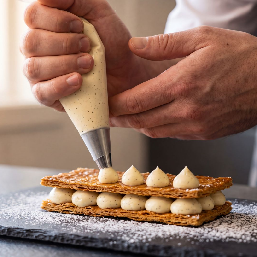Des mains pochent de la crème sur un gâteau à étages saupoudré de sucre glace