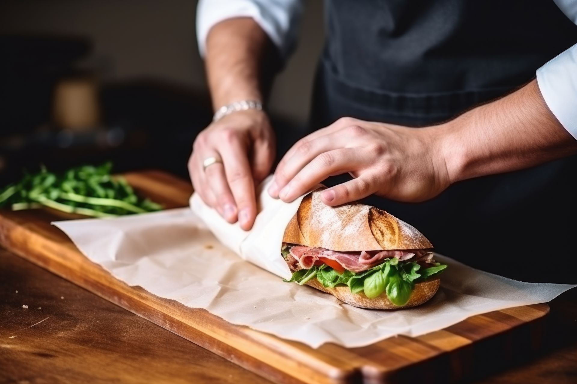 Des mains enveloppent un sandwich dans du papier sulfurisé sur une planche à découper en bois, avec des légumes verts à proximité