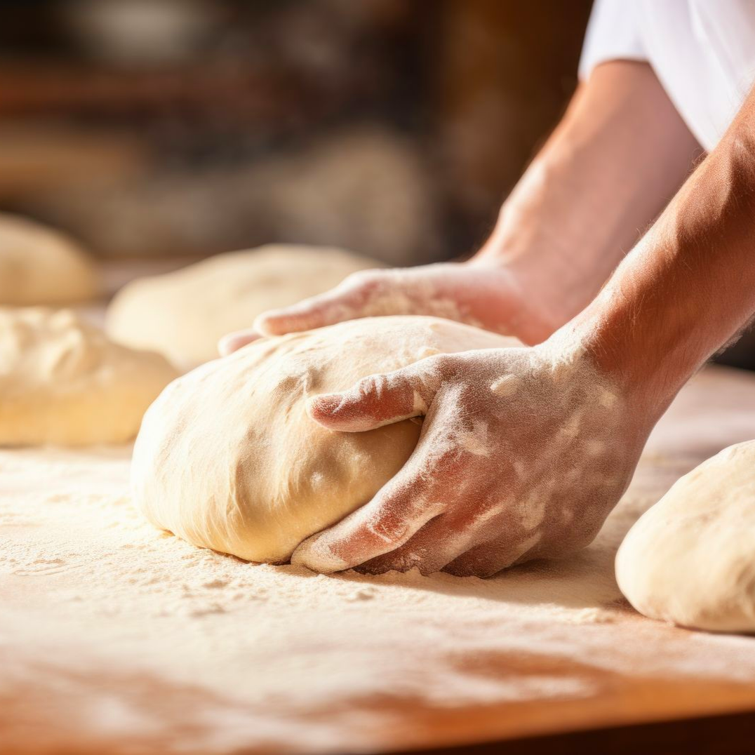 Des mains pétrissent la pâte sur une surface en bois farinée, dans l’ambiance chaleureuse d’une boulangerie