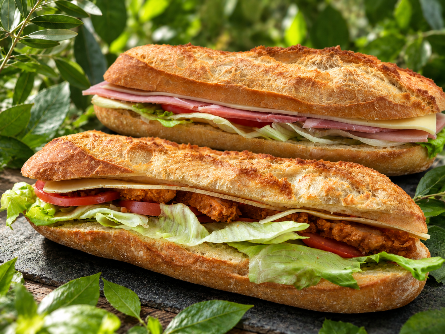 Deux sandwichs à la baguette empilés, garnis de laitue, de tomate et de charcuterie, sur une surface en pierre à l’extérieur
