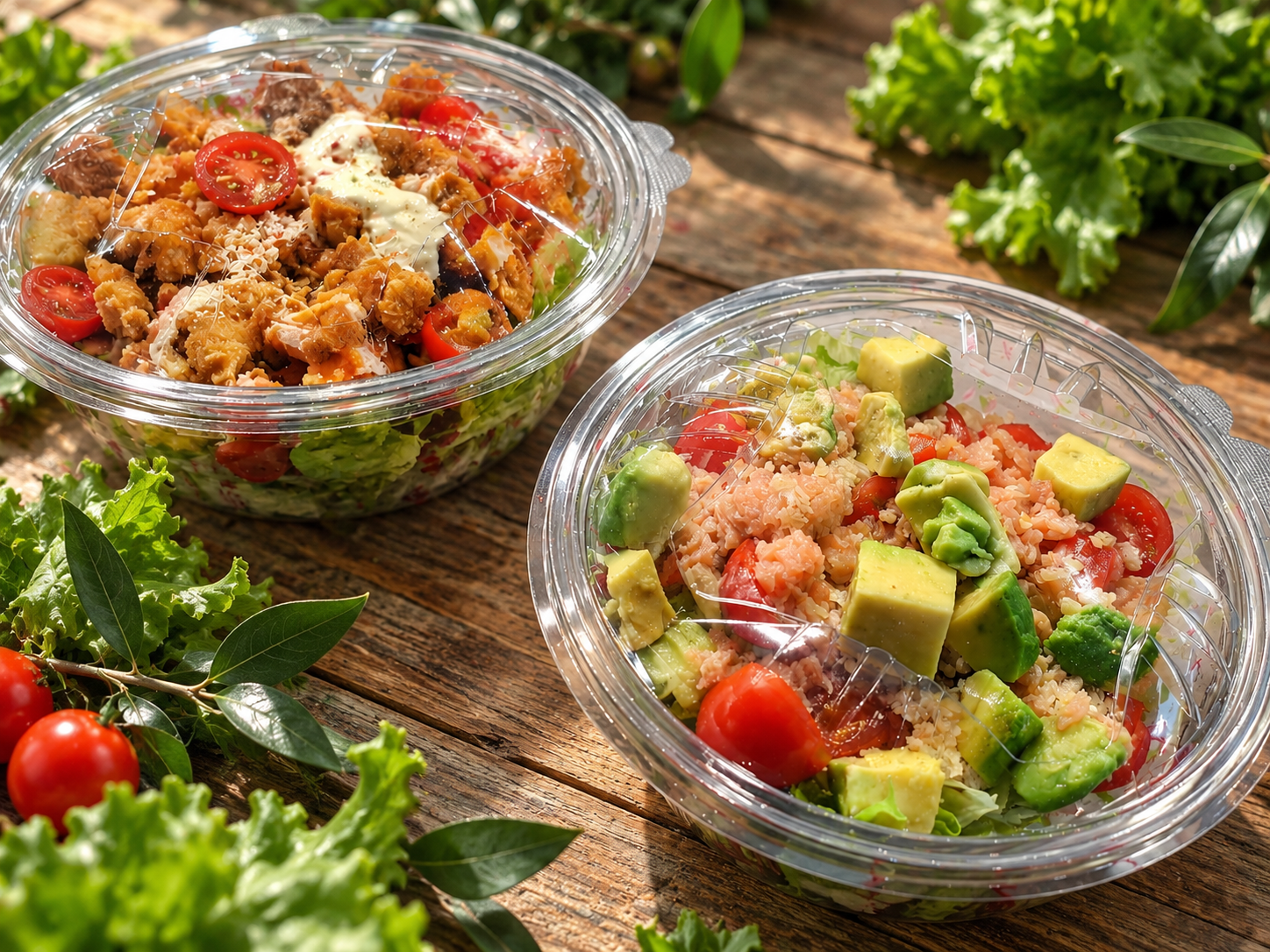 Deux bols de salade colorée avec de l’avocat, des tomates et des croûtons, posés sur une table en bois à l’extérieur