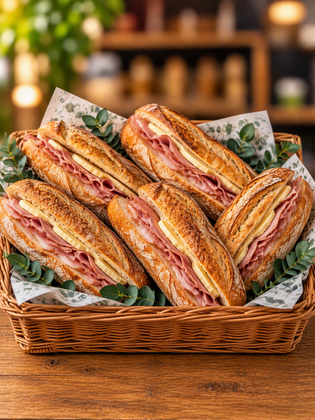 Panier de sandwichs grillés sur une table en bois, garni de papier sulfurisé et d’herbes aromatiques.