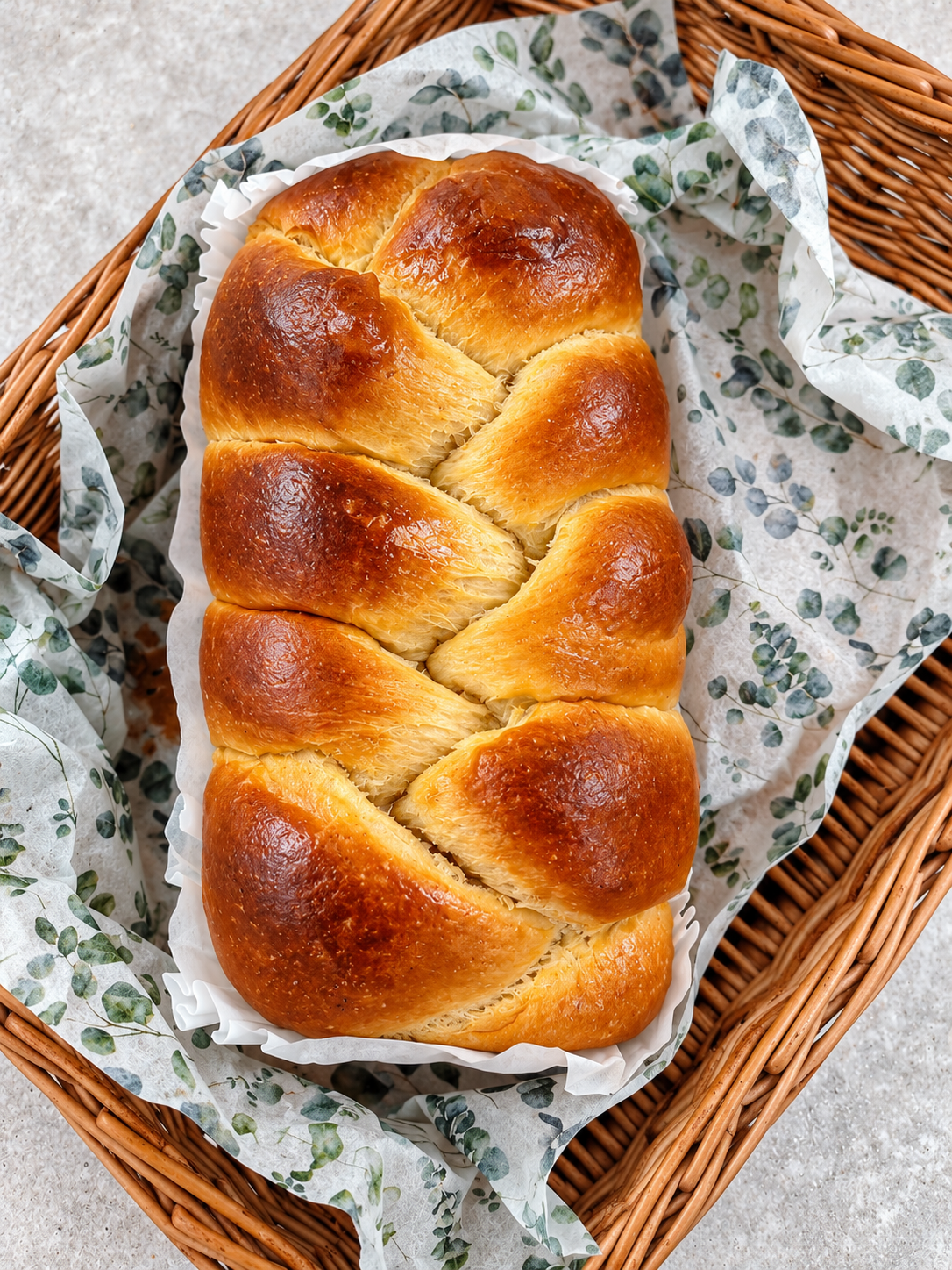 Pain tressé doré dans un panier en osier doublé d’un tissu fleuri