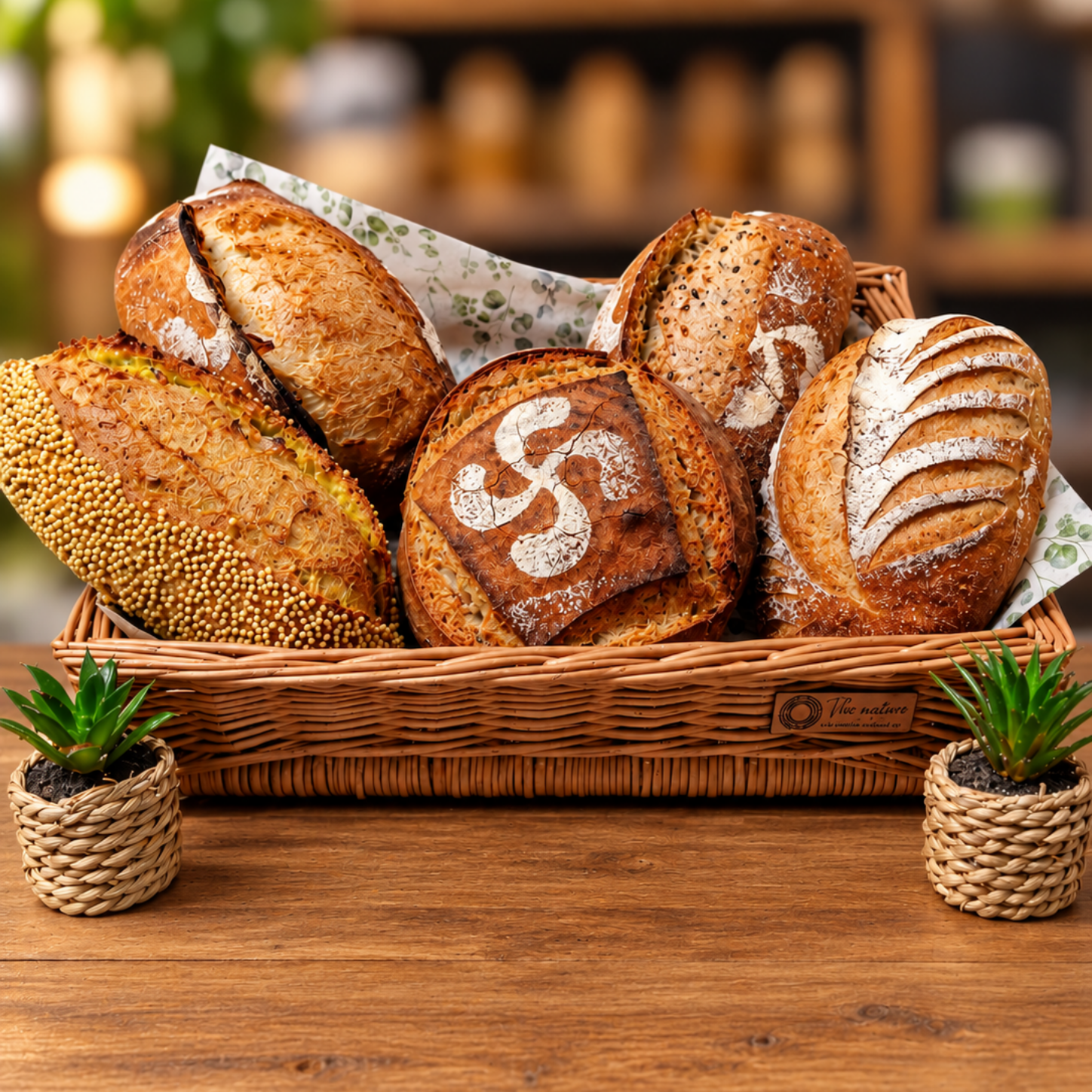 Assortiment de pains artisanaux dans un panier en osier posé sur une table en bois, avec de petites plantes grasses en pot devant.