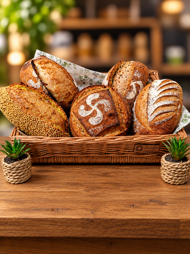 Corbeille de pains rustiques assortis sur une table en bois, avec de petites plantes grasses en pot au premier plan