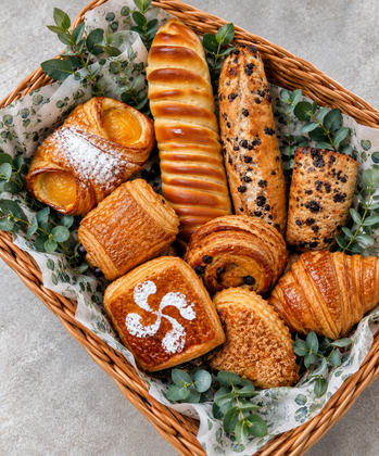 Assortiment de viennoiseries dans un panier en osier : des croissants, des petits pains et des pains aux graines