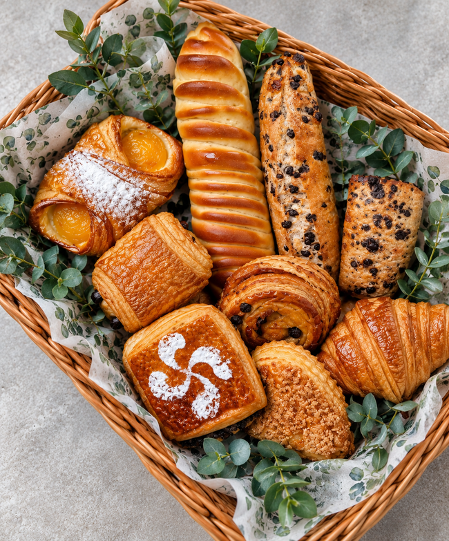 Assortiment de viennoiseries dans un panier en osier : des croissants, des petits pains et des pains aux graines