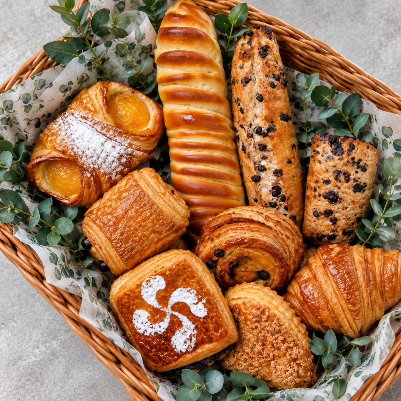 Assortiment de viennoiseries dans un panier en osier, avec des croissants, des petits pains et des brioches saupoudrées de sucre glace.