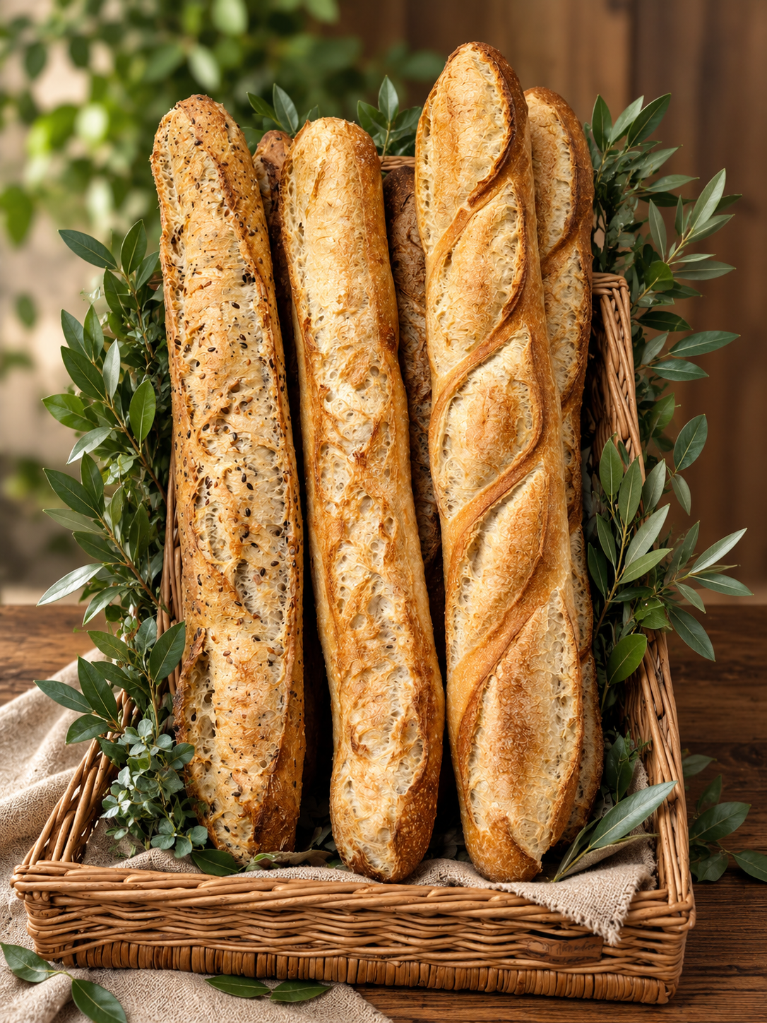 Trois baguettes rustiques dans un panier en osier, sur fond de feuillage verdoyant
