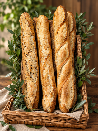 Trois baguettes rustiques dans un panier en osier, sur fond de feuillage verdoyant