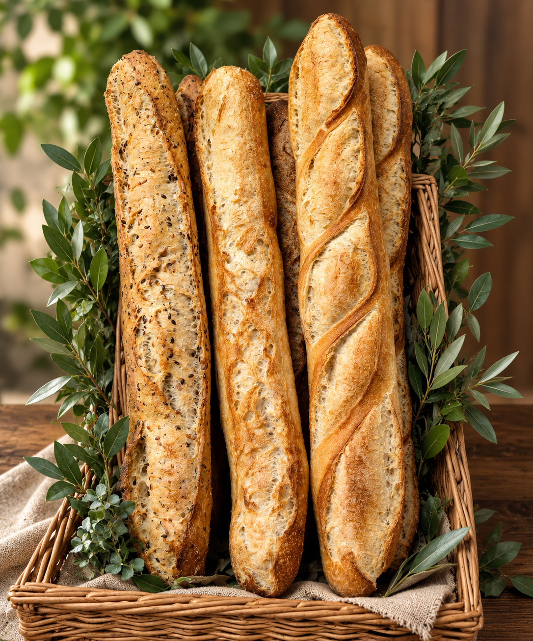 Trois baguettes dans un panier en osier entouré de feuilles vertes