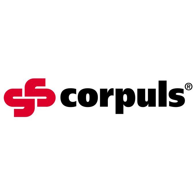 Ein rot-weißes „sfs“-Logo neben dem Wort „corpuls“ in Schwarz.
