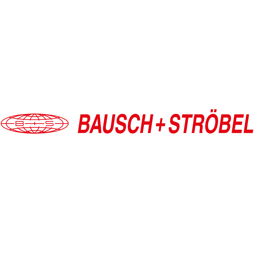Logo für Bausch+Ströbel, bestehend aus einer eingekreisten Weltkugel mit der Aufschrift „B+S“ und rotem Text.