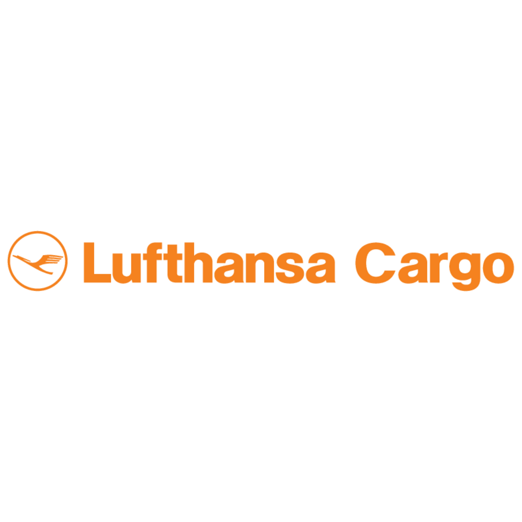 Lufthansa Cargo-Logo mit orangefarbenem Text und einem stilisierten Vogelsymbol auf weißem Hintergrund.