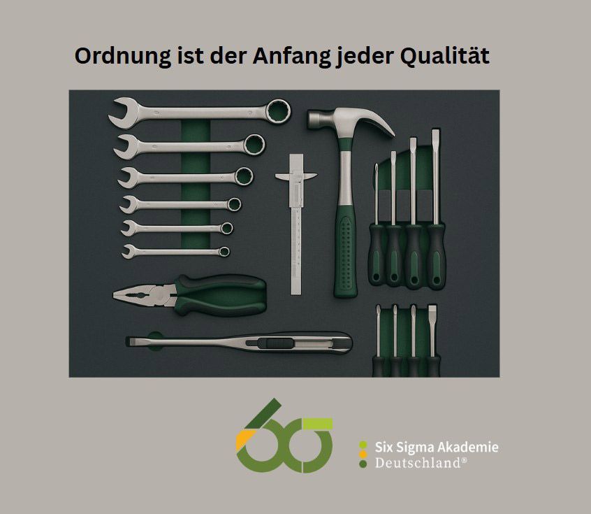 A bunch of tools on a table with the words ordnung ist der anfang jeder qualität