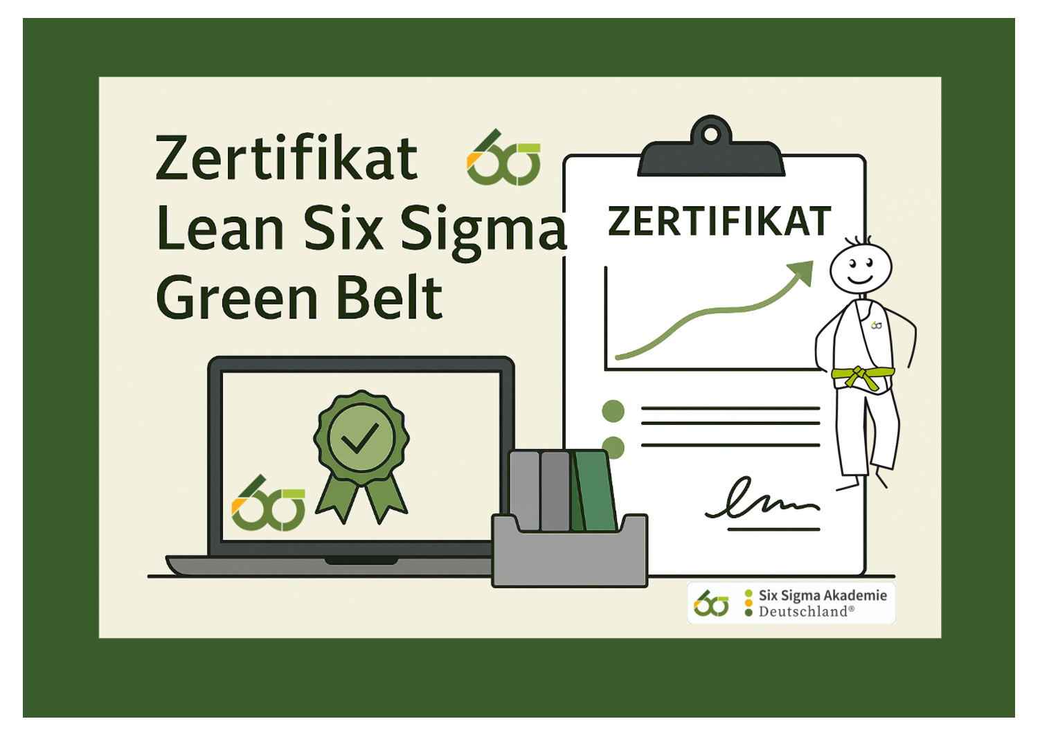 Grafik zum Lean Six Sigma Green Belt-Zertifikat: Laptop, Klemmbrett, Green Belt-Figur, Zertifikatssiegel.