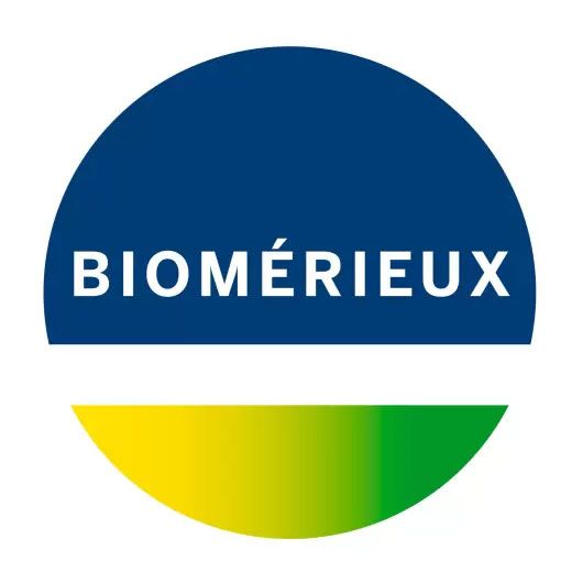 Biomérieux-Logo: weißer Text auf blauem Kreis mit einem gelb-grünen Halbkreis darunter.